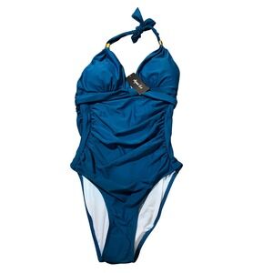 Aqua Eve Teal Blue Halter One Piece Swimsuit Ruched Tummy Control Size M NEW